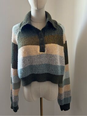 BDG Cropped Striped Button Up Collar Knit Sweater in Olive, Cream, and Blue
